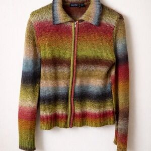 Jazzie Multicolor Striped Zip Sweater Cardigan Wool Blend Size Large